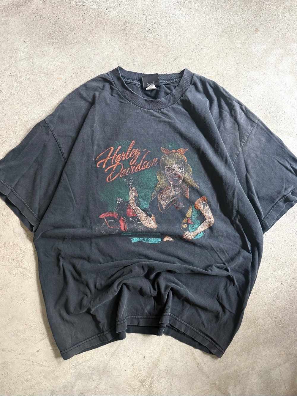 Vintage Harley Davidson Black Faded Men’s Pin Up Girl Biker Tee XL 23x29